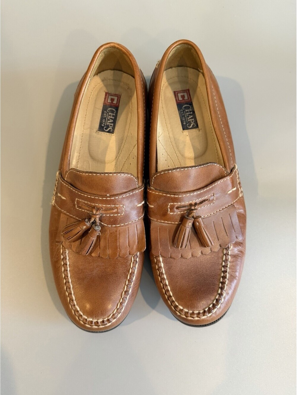 Chaps Mens 10.5M Loafers Dress Shoes Brown Leather Tassel Kiltie Moc Toe Tan